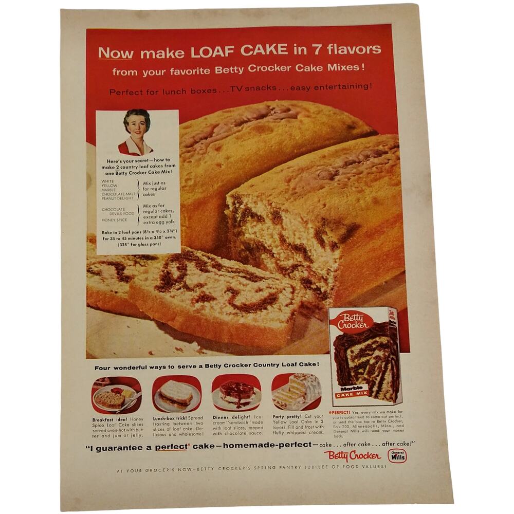 1958 Betty Crocker Cake Mix Ad Loaf Size Marble‎ Flavor Retro Kitchen Print Ad